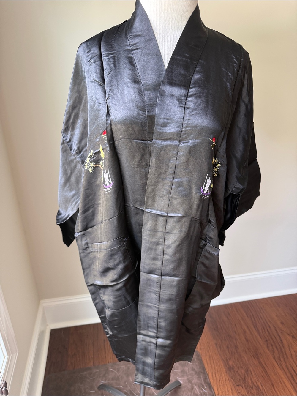 Black Satin Embroidered Kimono Robe